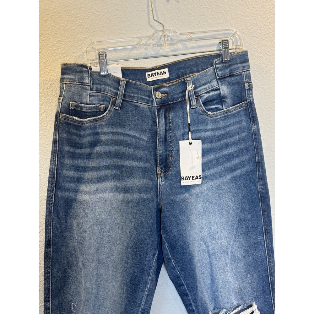 Bayeas Womens 14W High Rise Cropped Straight Distressed Jeans Blue Stretch - Picture 2 of 11